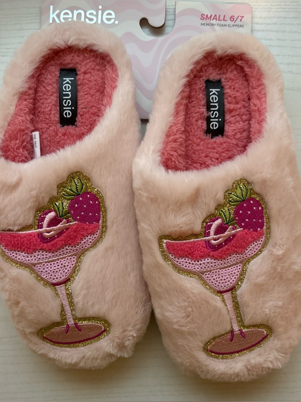 kensie Pink Plush Strawberry Cocktail Memory-Foam Slippers